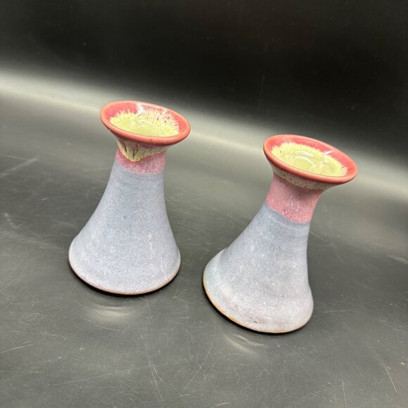 Vintage Lee Levy Art Pottery Drip Glaze Candle Holders Pink Purple Redware